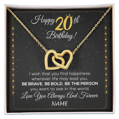 Interlocking Hearts Necklace 18K Yellow Gold Finish | 1 | Personalized Happy 20Th Birthday Necklace For Her Girls Daughter Niece Sister Goddaughter Granddaughter 20 Year Old Birthday Customized Gift Box Message Card | siriusteestore