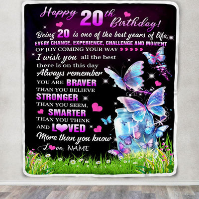 Personalized Happy 20th Birthday Decorations Blanket Butterfly Sweet Twenty Sweet 20 Gifts For Girls Teen Birthday 20 Year Old Customized Fleece Blanket | siriusteestore