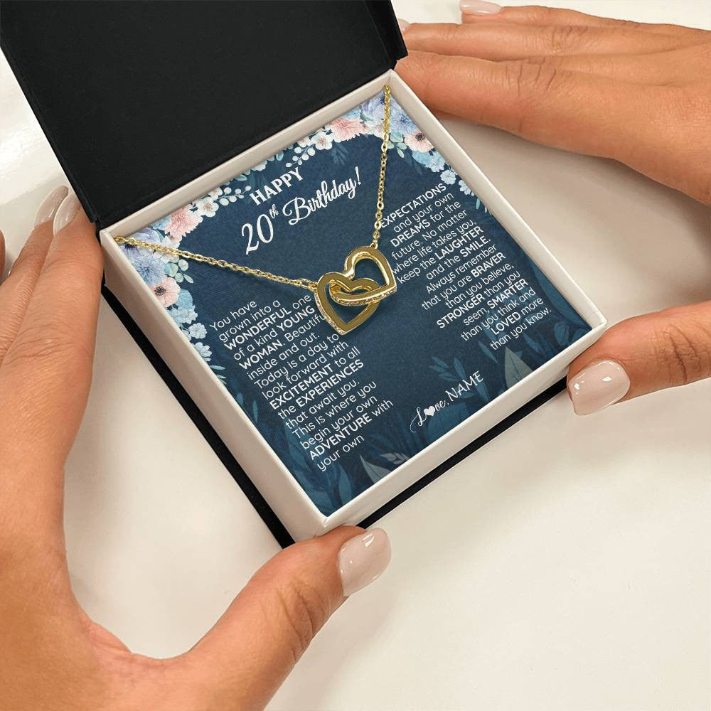 Interlocking Hearts Necklace 18K Yellow Gold Finish | 2 | Personalized Happy 20th Birthday Gifts Necklace Sweet Fifteen 20th Year Old Girl Birthday Gift Ideas For Her Daughter Niece Jewelry Gift Box Message Card | siriusteestore