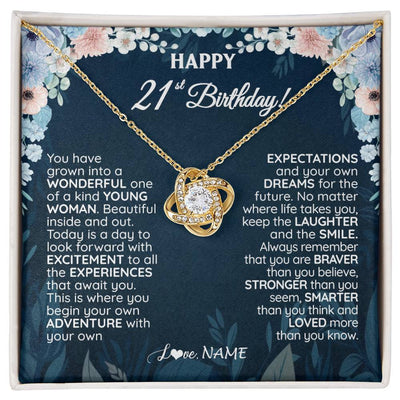 Love Knot Necklace 18K Yellow Gold Finish | 1 | Personalized Happy 21st Birthday Gifts Necklace Sweet Fifteen 21st Year Old Girl Birthday Gift Ideas For Her Daughter Niece Jewelry Gift Box Message Card | siriusteestore