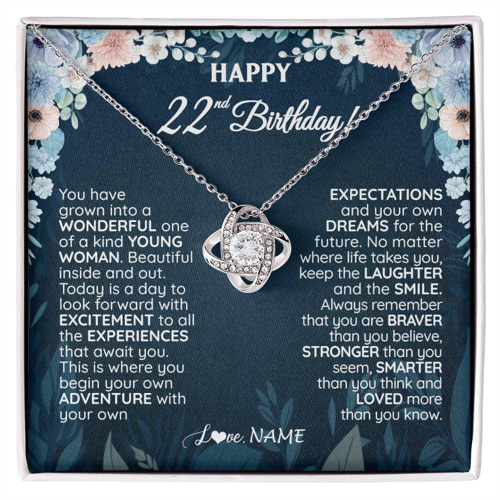 Love Knot Necklace 14K White Gold Finish | 1 | Personalized Happy 22nd Birthday Gifts Necklace Sweet Fifteen 22nd Year Old Girl Birthday Gift Ideas For Her Daughter Niece Jewelry Gift Box Message Card | siriusteestore