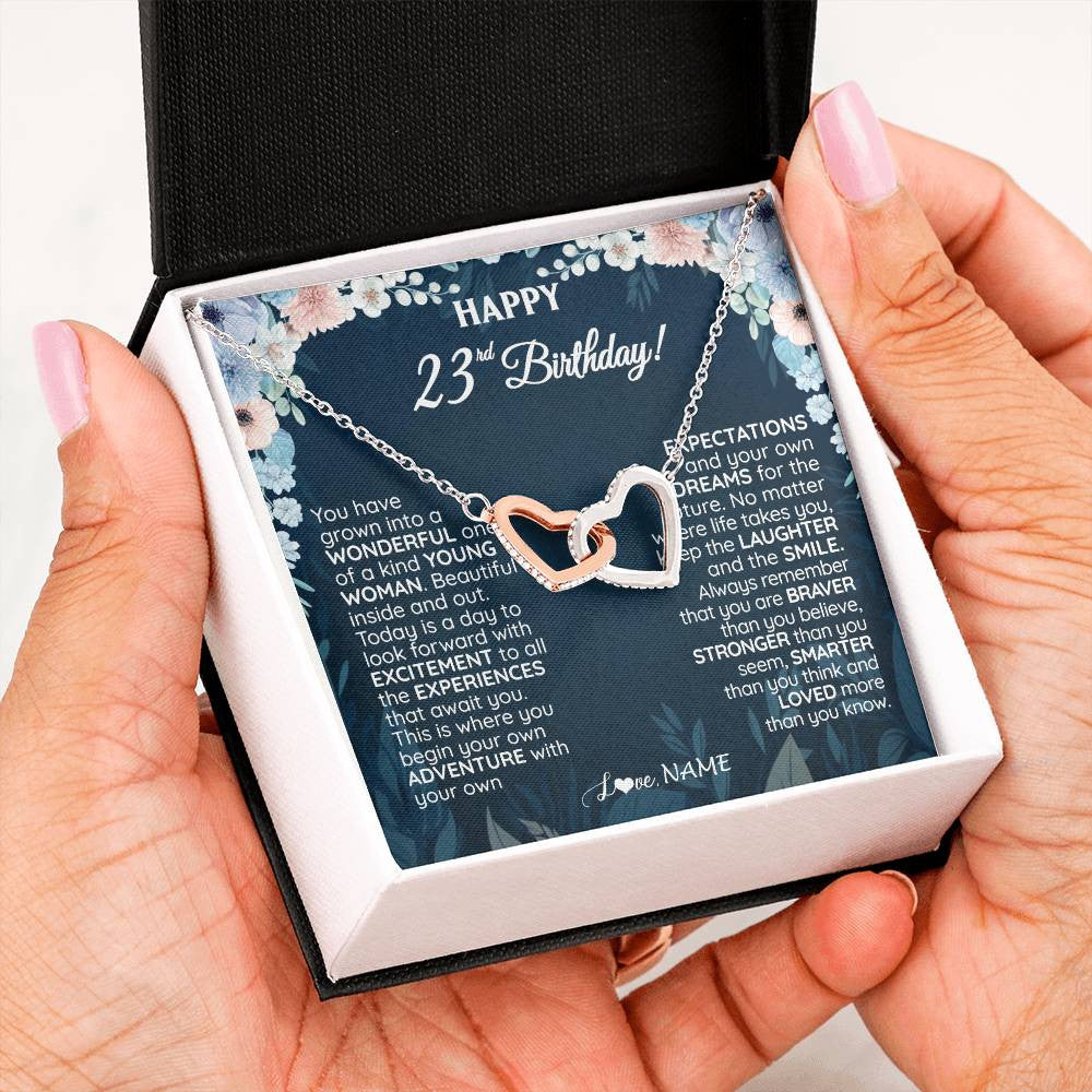 Interlocking Hearts Necklace Stainless Steel & Rose Gold Finish | 2 | Personalized Happy 23rd Birthday Gifts Necklace Sweet Fifteen 23rd Year Old Girl Birthday Gift Ideas For Her Daughter Niece Jewelry Gift Box Message Card | siriusteestore