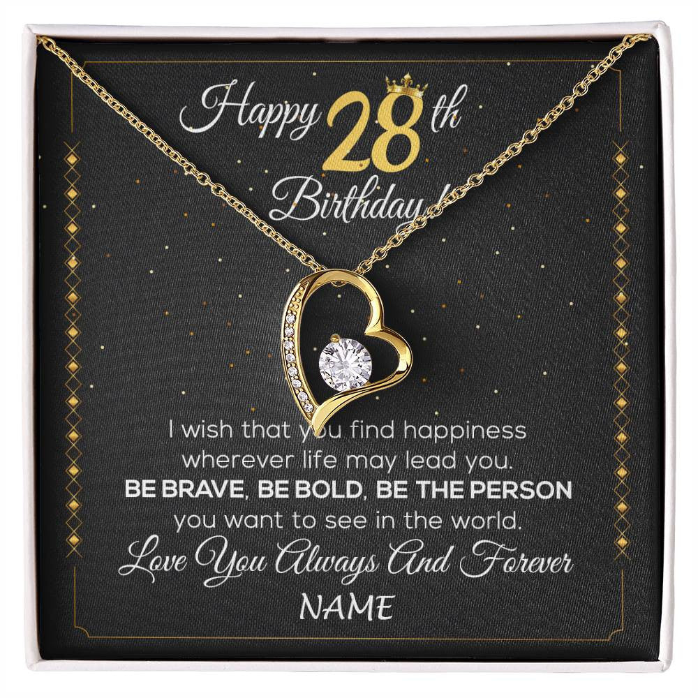Forever Love Necklace 18K Yellow Gold Finish | 1 | Personalized Happy 28Th Birthday Necklace For Her Girls Daughter Niece Sister Goddaughter Granddaughter 28 Year Old Birthday Customized Gift Box Message Card | siriusteestore