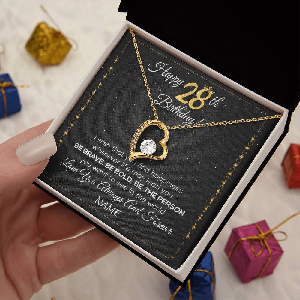 Forever Love Necklace 18K Yellow Gold Finish | 2 | Personalized Happy 28Th Birthday Necklace For Her Girls Daughter Niece Sister Goddaughter Granddaughter 28 Year Old Birthday Customized Gift Box Message Card | siriusteestore