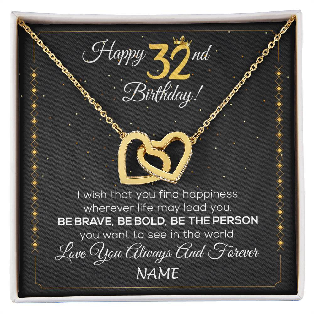 Interlocking Hearts Necklace 18K Yellow Gold Finish | 1 | Personalized Happy 32nd Birthday Necklace For Her Girls Daughter Niece Sister Goddaughter Granddaughter 32 Year Old Birthday Customized Gift Box Message Card | siriusteestore