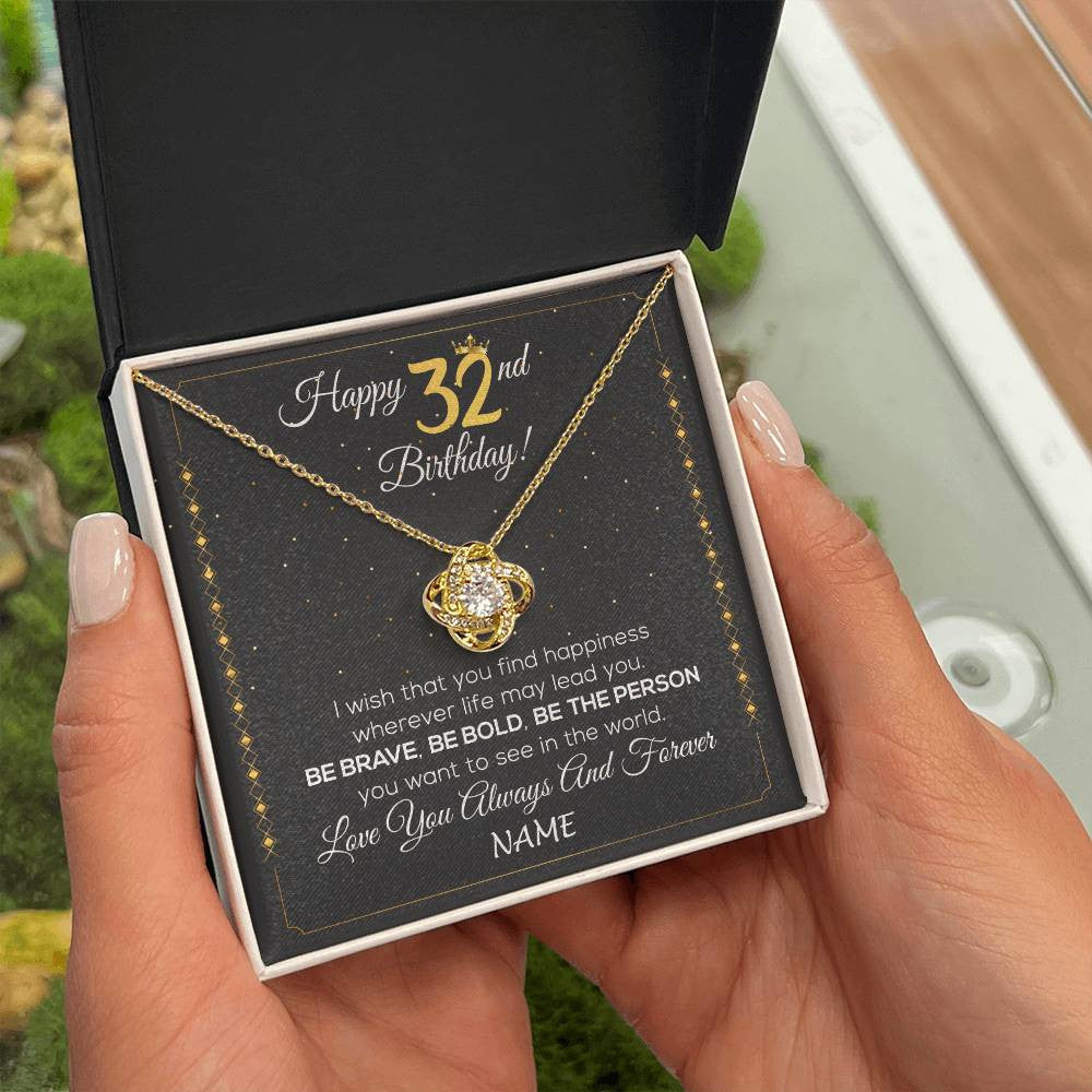 Love Knot Necklace 18K Yellow Gold Finish | 2 | Personalized Happy 32nd Birthday Necklace For Her Girls Daughter Niece Sister Goddaughter Granddaughter 32 Year Old Birthday Customized Gift Box Message Card | siriusteestore
