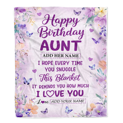 Personalized Happy Birthday Aunt Gifts From Niece Nephew Blanket I Love You Purple Floral Birthday Gift Idea For Aunt Gifts Customized Fleece Throw Blanket | siriusteestore