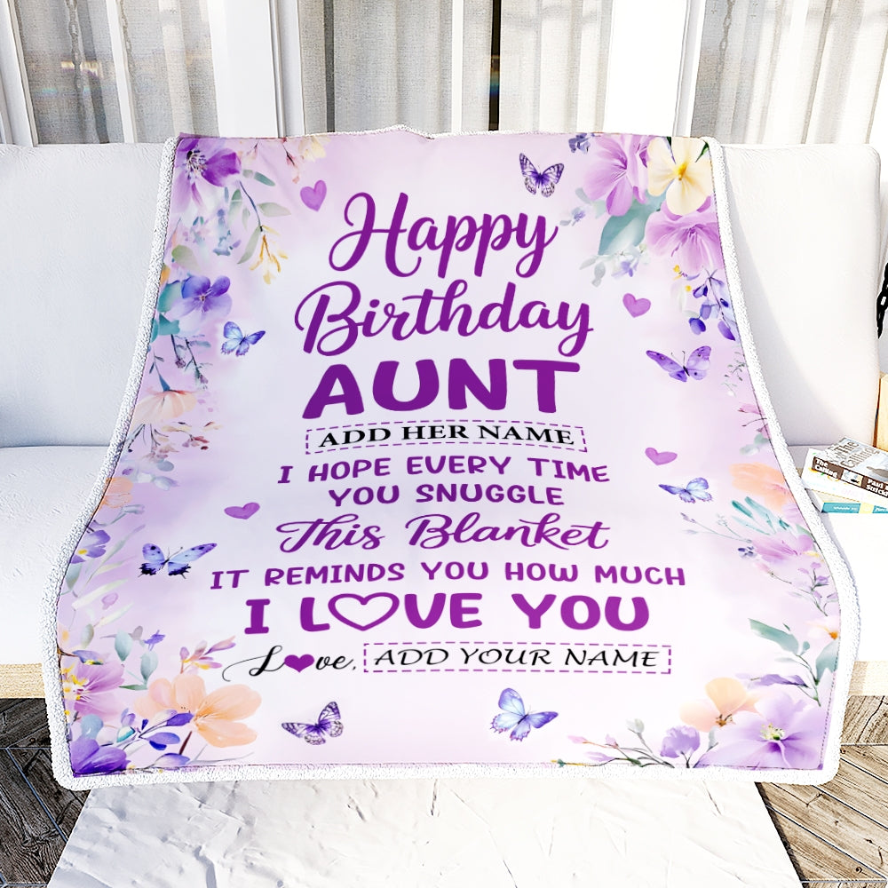 Personalized Happy Birthday Aunt Gifts From Niece Nephew Blanket I Love You Purple Floral Birthday Gift Idea For Aunt Gifts Customized Fleece Throw Blanket | siriusteestore