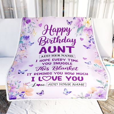 Personalized Happy Birthday Aunt Gifts From Niece Nephew Blanket I Love You Purple Floral Birthday Gift Idea For Aunt Gifts Customized Fleece Throw Blanket | siriusteestore