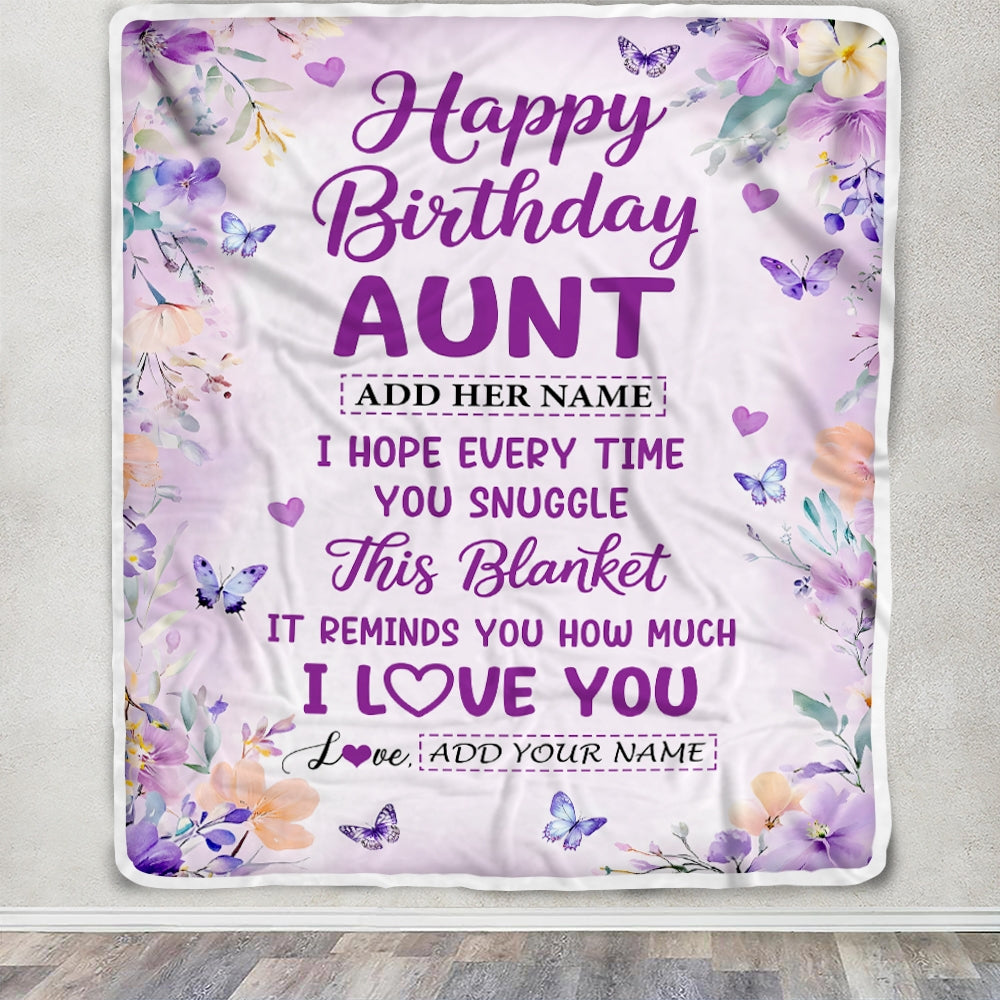 Personalized Happy Birthday Aunt Gifts From Niece Nephew Blanket I Love You Purple Floral Birthday Gift Idea For Aunt Gifts Customized Fleece Throw Blanket | siriusteestore