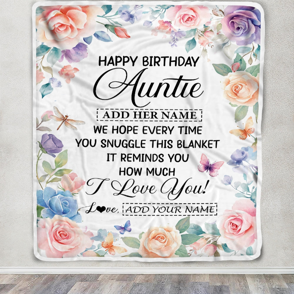 Personalized Happy Birthday Auntie Gifts From Niece Nephew Blanket Butterfly Flower Present Birthday Gift For Auntie Gifts Customized Fleece Throw Blanket | siriusteestore