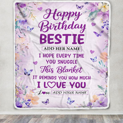 Personalized Happy Birthday Bestie Gifts From Best Friend Blanket I Love You Purple Floral Birthday Gift Idea For Soul Sister Gifts Customized Fleece Blanket | siriusteestore