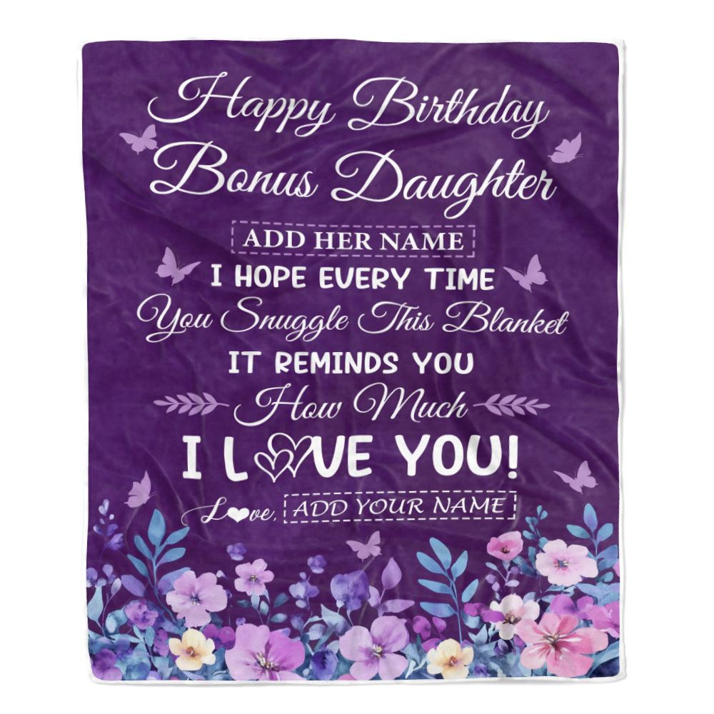 Personalized Happy Birthday Bonus Daughter Birthday Gifts From Mom Dad Blanket Purple Floral Unique Birthday Gifts Stepdaughter Gifts Customized Fleece Blanket | siriusteestore
