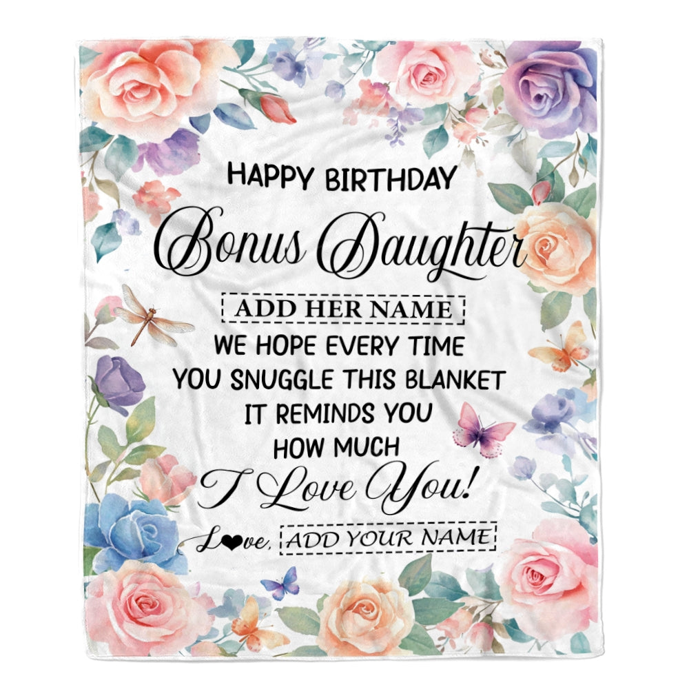Personalized Happy Birthday Bonus Daughter Gifts From Mom Dad Blanket Butterfly Flower Present Birthday Gift For Stepdaughter Gifts Customized Fleece Blanket | siriusteestore