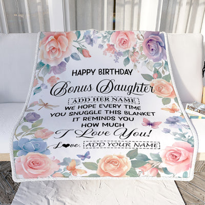 Personalized Happy Birthday Bonus Daughter Gifts From Mom Dad Blanket Butterfly Flower Present Birthday Gift For Stepdaughter Gifts Customized Fleece Blanket | siriusteestore