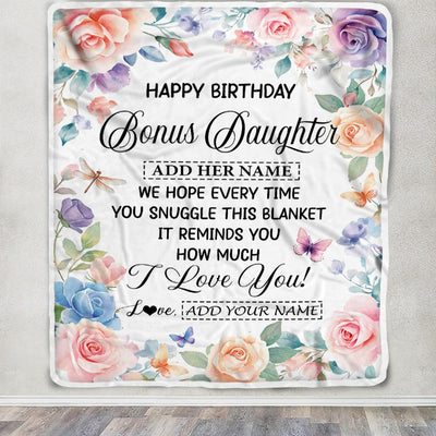 Personalized Happy Birthday Bonus Daughter Gifts From Mom Dad Blanket Butterfly Flower Present Birthday Gift For Stepdaughter Gifts Customized Fleece Blanket | siriusteestore