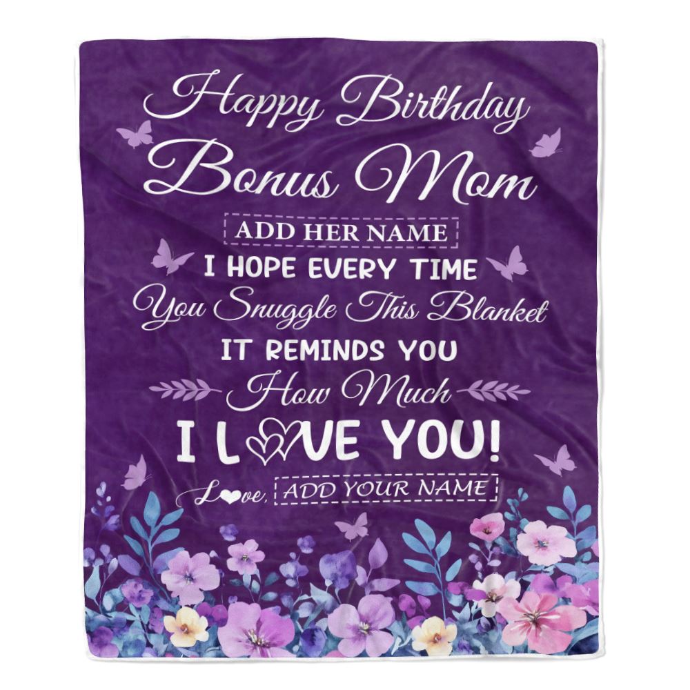 Personalized Happy Birthday Bonus Mom Birthday Gifts From Stepdaughter Blanket Purple Floral Unique Birthday Gifts Stepmom Gifts Customized Fleece Blanket | siriusteestore