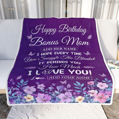 Personalized Happy Birthday Bonus Mom Birthday Gifts From Stepdaughter Blanket Purple Floral Unique Birthday Gifts Stepmom Gifts Customized Fleece Blanket | siriusteestore