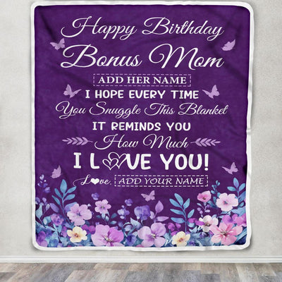 Personalized Happy Birthday Bonus Mom Birthday Gifts From Stepdaughter Blanket Purple Floral Unique Birthday Gifts Stepmom Gifts Customized Fleece Blanket | siriusteestore