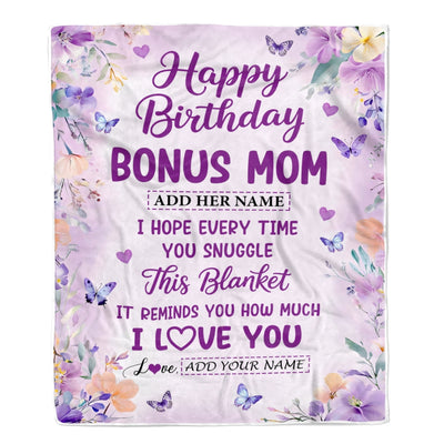 Personalized Happy Birthday Bonus Mom Gifts From Step Son Daughter Blanket I Love You Purple Floral Birthday Gift Idea For Stepmom Gifts Custom Fleece Blanket | siriusteestore