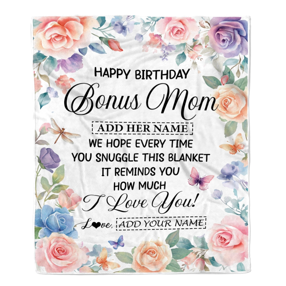 Personalized Happy Birthday Bonus Mom Gifts From Stepdaughter Blanket Butterfly Flower Present Birthday Gift For Stepmom Gifts Customized Fleece Throw Blanket | siriusteestore