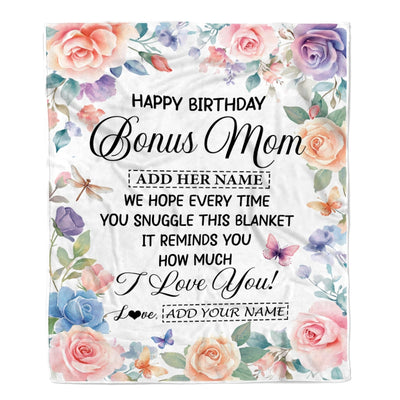 Personalized Happy Birthday Bonus Mom Gifts From Stepdaughter Blanket Butterfly Flower Present Birthday Gift For Stepmom Gifts Customized Fleece Throw Blanket | siriusteestore