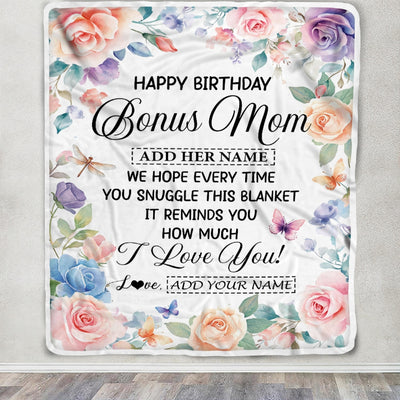 Personalized Happy Birthday Bonus Mom Gifts From Stepdaughter Blanket Butterfly Flower Present Birthday Gift For Stepmom Gifts Customized Fleece Throw Blanket | siriusteestore