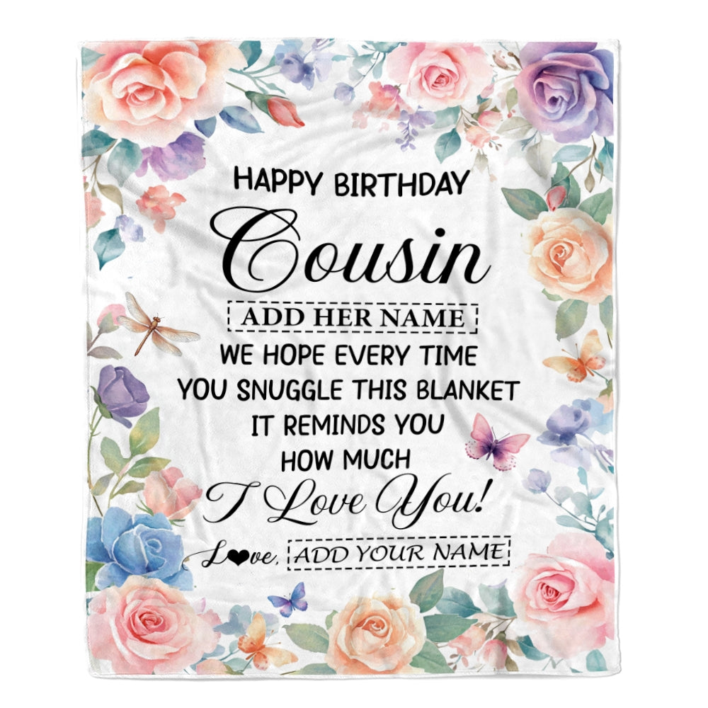 Personalized Happy Birthday Cousin Gifts From Family Blanket Butterfly Flower Present Birthday Gift For Cousin Gifts Customized Fleece Throw Blanket | siriusteestore