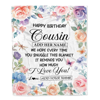 Personalized Happy Birthday Cousin Gifts From Family Blanket Butterfly Flower Present Birthday Gift For Cousin Gifts Customized Fleece Throw Blanket | siriusteestore