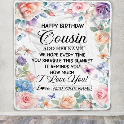 Personalized Happy Birthday Cousin Gifts From Family Blanket Butterfly Flower Present Birthday Gift For Cousin Gifts Customized Fleece Throw Blanket | siriusteestore