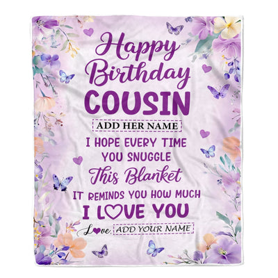 Personalized Happy Birthday Cousin Gifts From Family Blanket I Love You Purple Floral Birthday Gift Idea For Cousin Gifts Customized Fleece Throw Blanket | siriusteestore