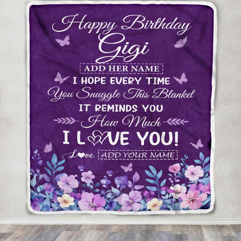 Personalized Happy Birthday Gigi Birthday Gifts From Granddaughter Grandson Blanket Purple Floral Unique Birthday Gifts Gigi Gifts Customized Fleece Blanket | siriusteestore