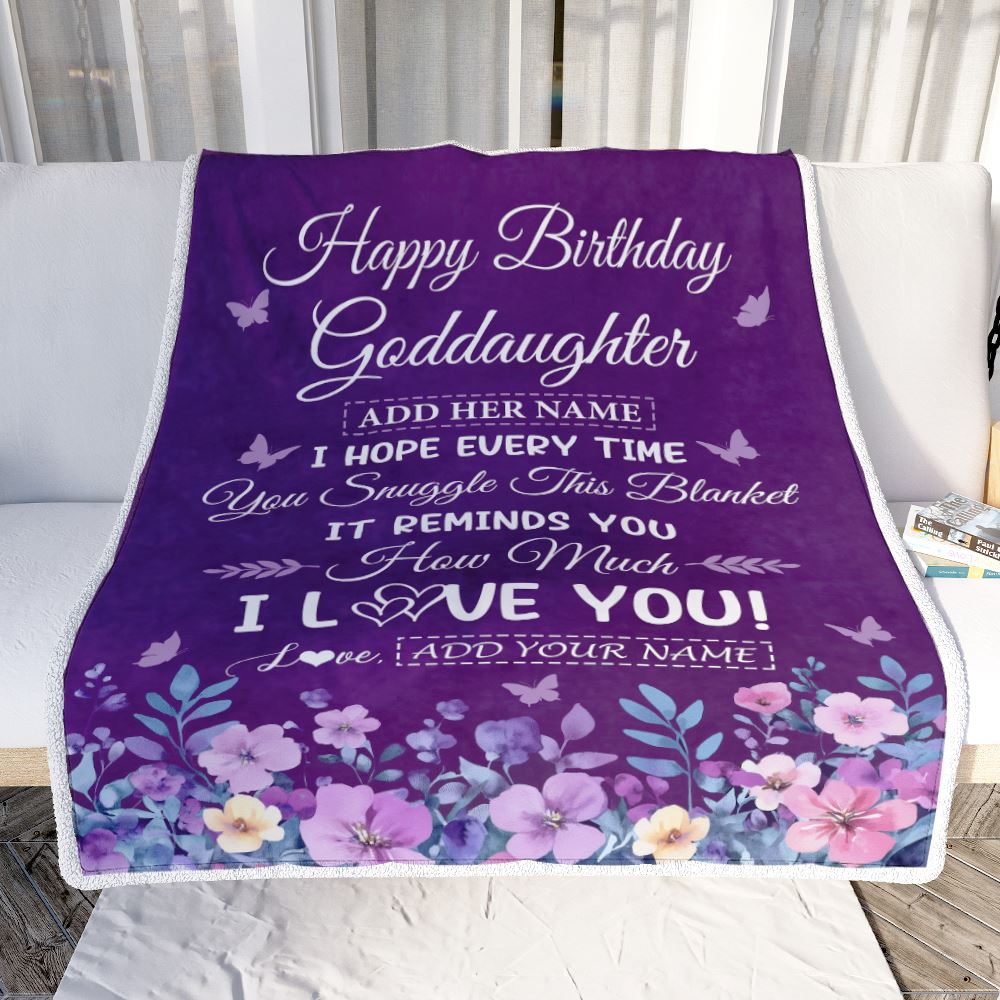 Personalized Happy Birthday Goddaughter Birthday Gifts From Godmother Blanket Purple Floral Unique Birthday Gifts Goddaughter Gifts Customized Fleece Blanket | siriusteestore