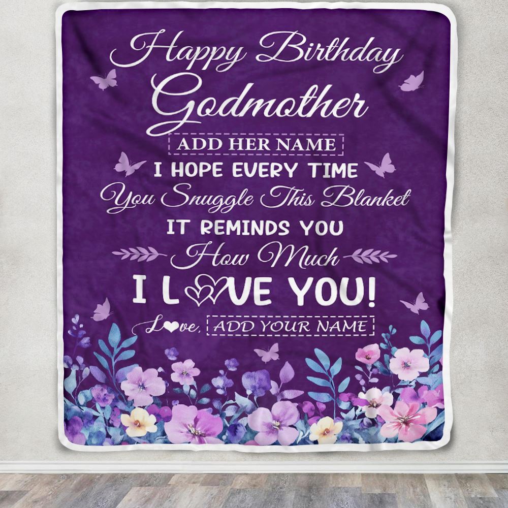 Personalized Happy Birthday Godmother Birthday Gifts From Niece Nephew Blanket Purple Floral Unique Birthday Gifts Aunt Gifts Customized Fleece Throw Blanket | siriusteestore