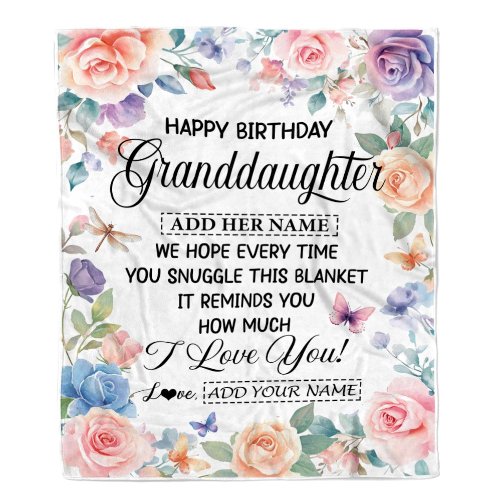 Personalized Happy Birthday Granddaughter Gifts From Grandma Blanket Butterfly Flower Present Birthday Gift For Granddaughter Gifts Customized Fleece Blanket | siriusteestore