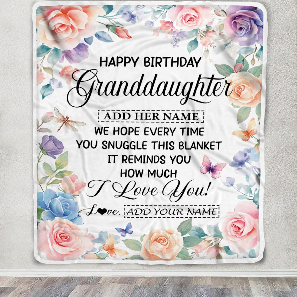 Personalized Happy Birthday Granddaughter Gifts From Grandma Blanket Butterfly Flower Present Birthday Gift For Granddaughter Gifts Customized Fleece Blanket | siriusteestore