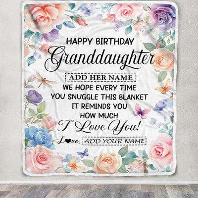 Personalized Happy Birthday Granddaughter Gifts From Grandma Blanket Butterfly Flower Present Birthday Gift For Granddaughter Gifts Customized Fleece Blanket | siriusteestore
