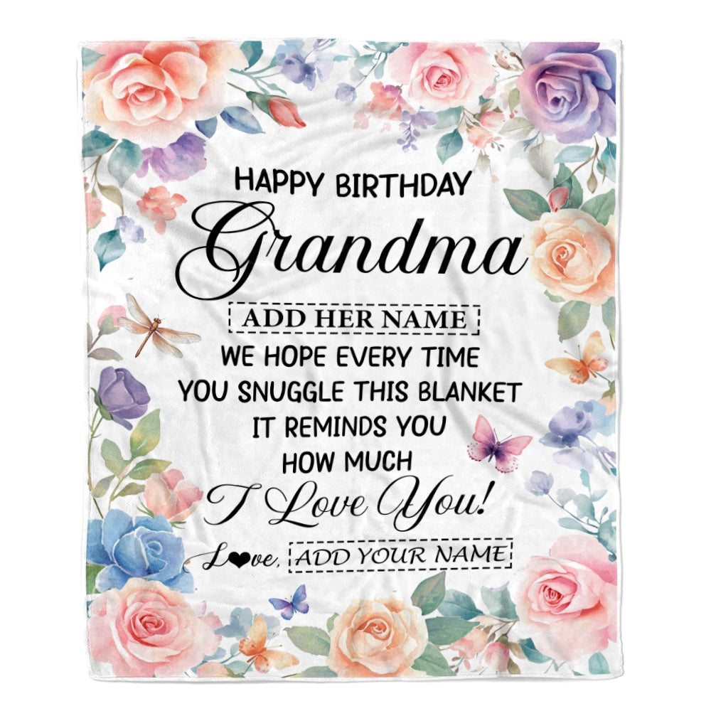 Personalized Happy Birthday Grandma Gifts From Granddaughter Blanket Butterfly Flower Present Birthday Gift For Grandma Gifts Customized Fleece Throw Blanket | siriusteestore