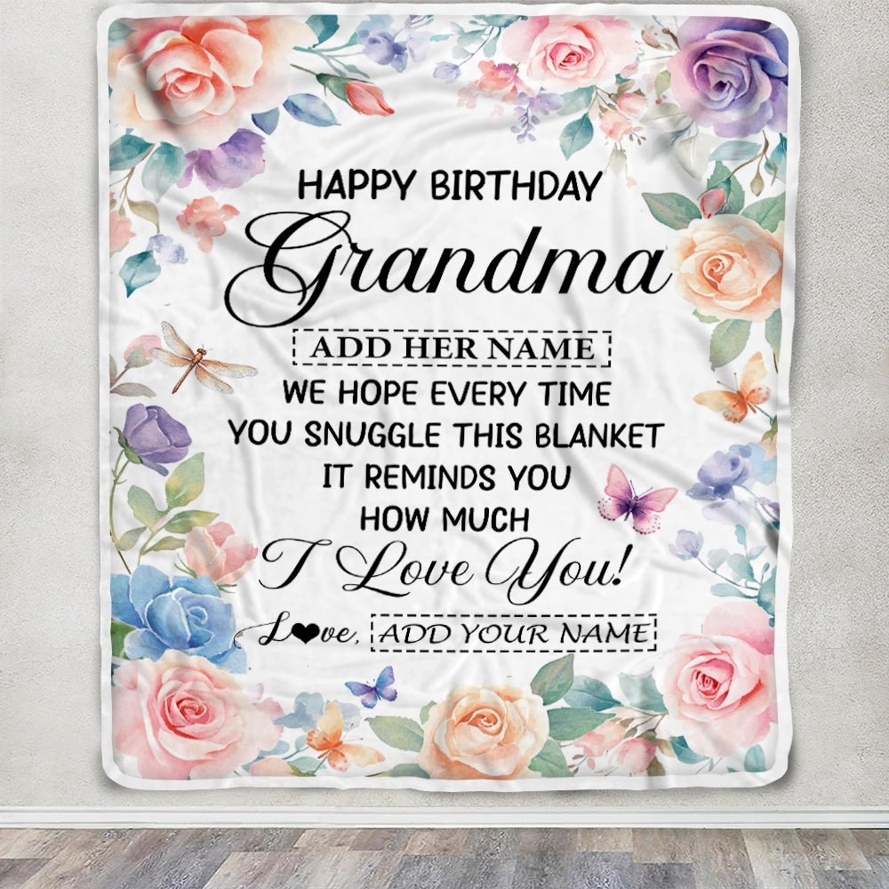 Personalized Happy Birthday Grandma Gifts From Granddaughter Blanket Butterfly Flower Present Birthday Gift For Grandma Gifts Customized Fleece Throw Blanket | siriusteestore