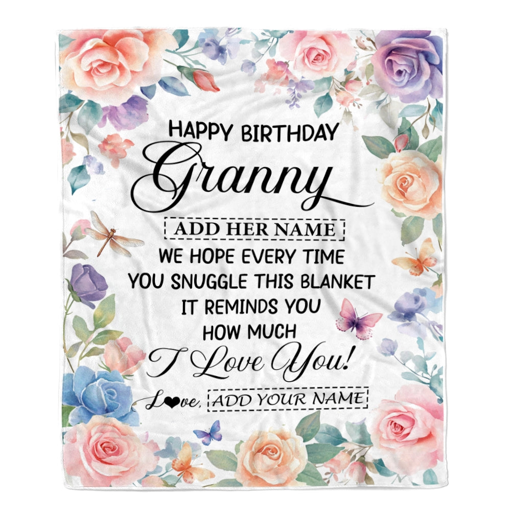 Personalized Happy Birthday Granny Gifts From Granddaughter Blanket Butterfly Flower Present Birthday Gift For Granny Gifts Customized Fleece Throw Blanket | siriusteestore
