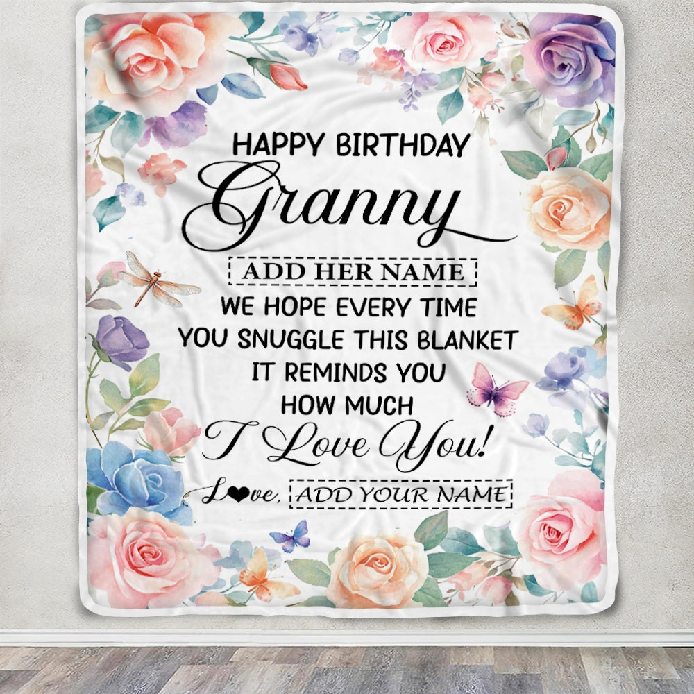 Personalized Happy Birthday Granny Gifts From Granddaughter Blanket Butterfly Flower Present Birthday Gift For Granny Gifts Customized Fleece Throw Blanket | siriusteestore