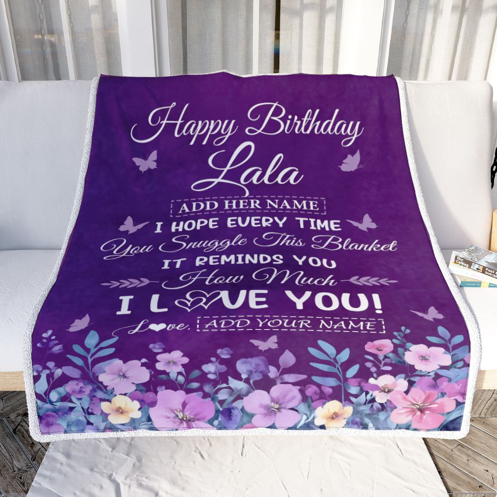 Personalized Happy Birthday Lala Birthday Gifts From Granddaughter Grandson Blanket Purple Floral Unique Birthday Gifts Lala Gifts Customized Fleece Blanket | siriusteestore