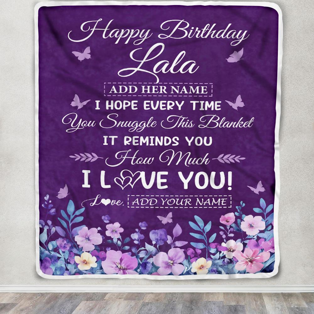 Personalized Happy Birthday Lala Birthday Gifts From Granddaughter Grandson Blanket Purple Floral Unique Birthday Gifts Lala Gifts Customized Fleece Blanket | siriusteestore