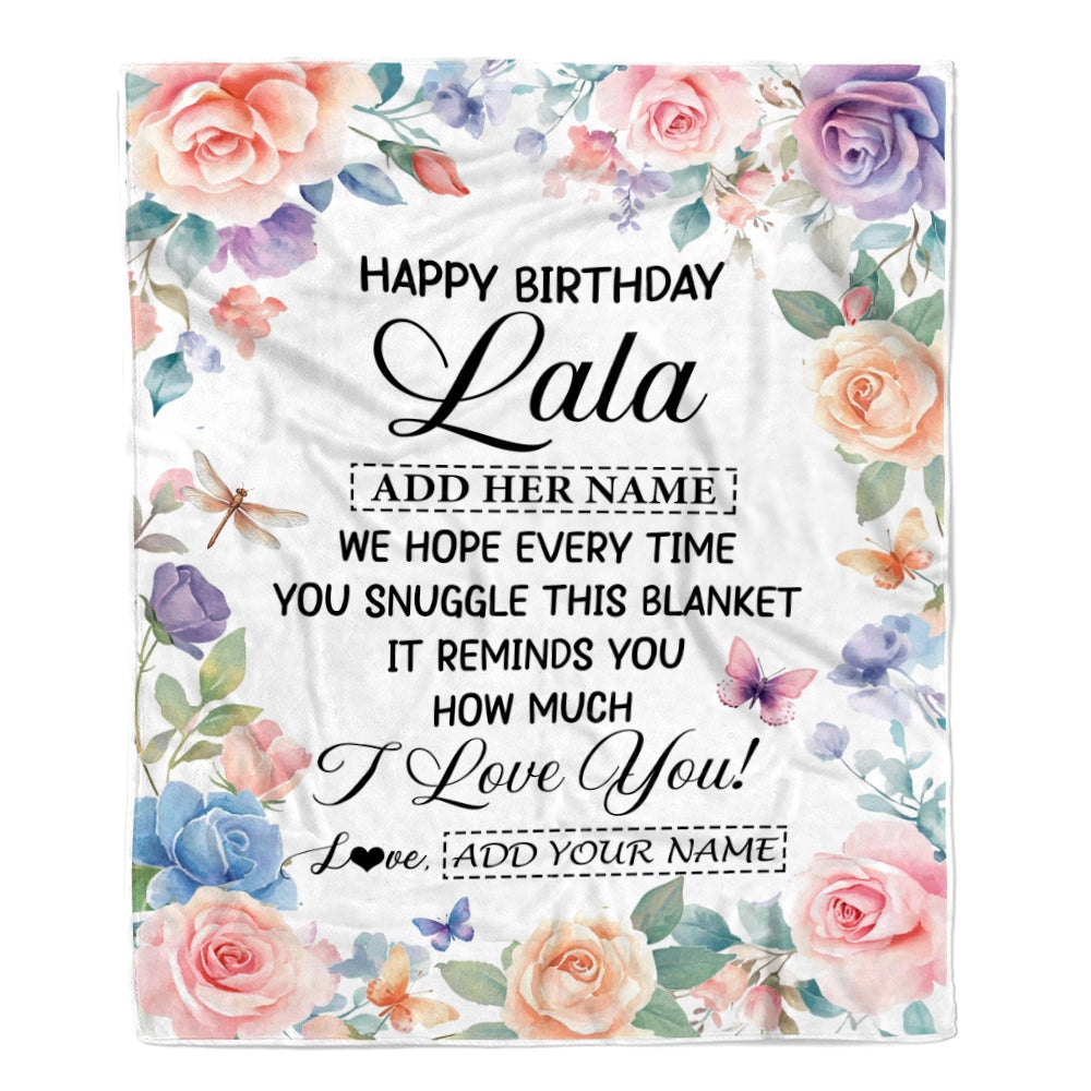 Personalized Happy Birthday Lala Gifts From Granddaughter Grandkids Blanket Butterfly Flower Present Birthday Gift For Lala Gifts Customized Fleece Blanket | siriusteestore