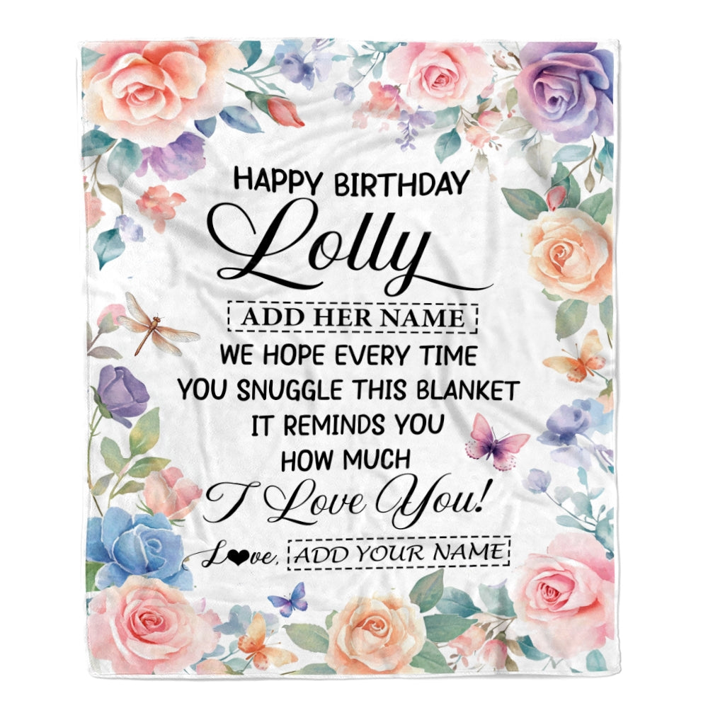 Personalized Happy Birthday Lolly Gifts From Granddaughter Grandkids Blanket Butterfly Flower Present Birthday Gift For Lolly Gifts Customized Fleece Blanket | siriusteestore