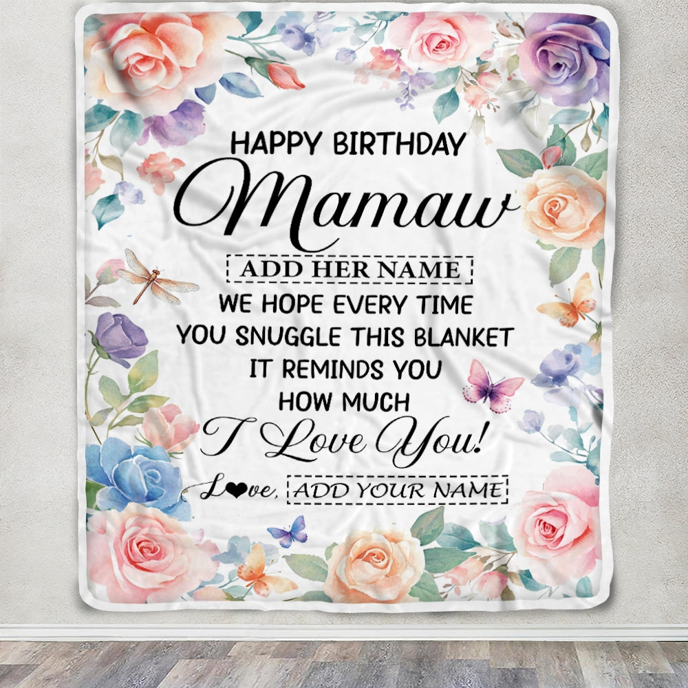 Personalized Happy Birthday Mamaw Gifts From Granddaughter Grandkids Blanket Butterfly Flower Present Birthday Gift For Mamaw Gifts Customized Fleece Blanket | siriusteestore