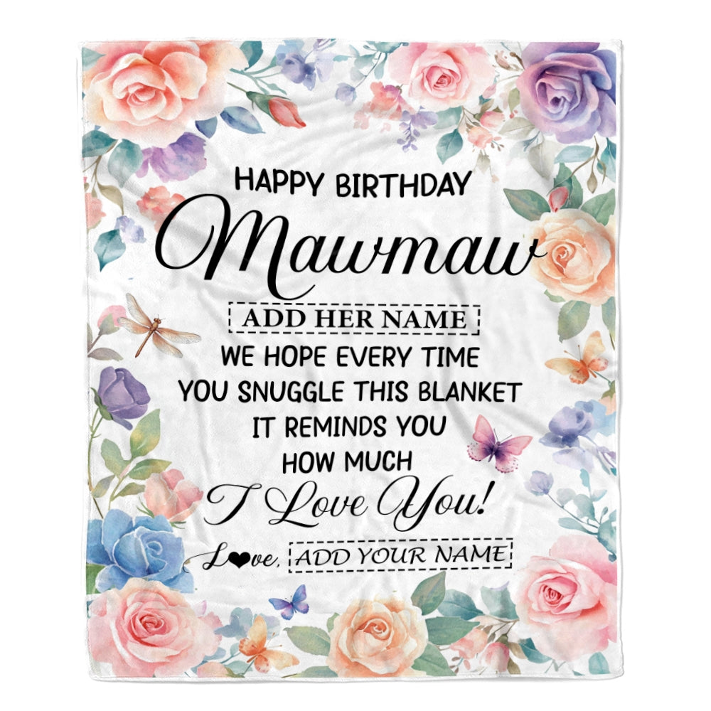 Personalized Happy Birthday Mawmaw Gifts From Granddaughter Blanket Butterfly Flower Present Birthday Gift For Mawmaw Gifts Customized Fleece Throw Blanket | siriusteestore