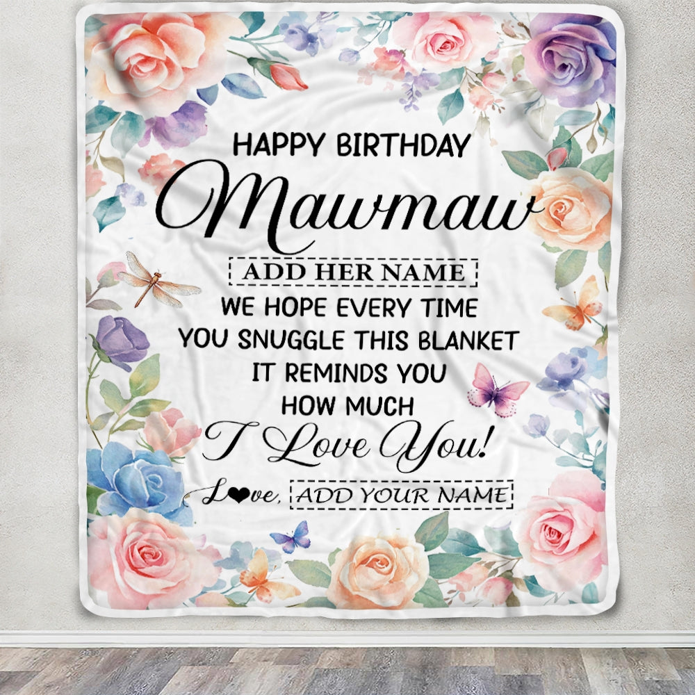 Personalized Happy Birthday Mawmaw Gifts From Granddaughter Blanket Butterfly Flower Present Birthday Gift For Mawmaw Gifts Customized Fleece Throw Blanket | siriusteestore