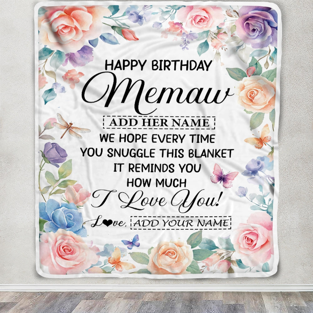 Personalized Happy Birthday Memaw Gifts From Granddaughter Grandkids Blanket Butterfly Flower Present Birthday Gift For Memaw Gifts Customized Fleece Blanket | siriusteestore