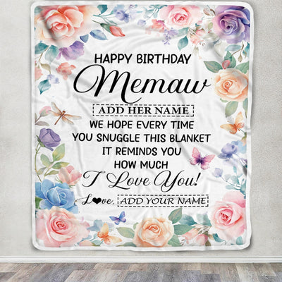 Personalized Happy Birthday Memaw Gifts From Granddaughter Grandkids Blanket Butterfly Flower Present Birthday Gift For Memaw Gifts Customized Fleece Blanket | siriusteestore